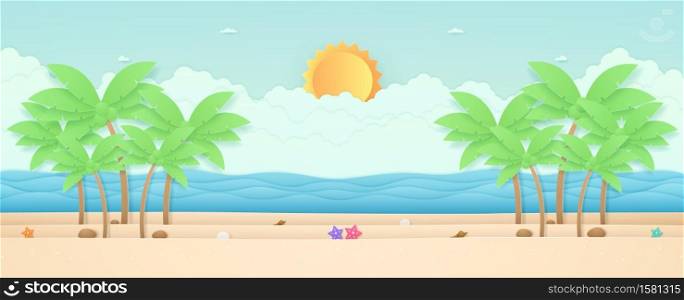 Summer Time, seascape, landscape, starfish and coconut trees on the beach with sea, bright sun in the sky, paper art style