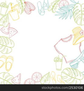 Summer time set. Clothes, food and plants. Vector background.. Summer time set. Vector background.