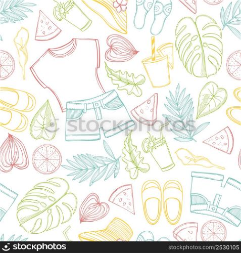 Summer time set. Clothes, food and plants. Vector seamless pattern. . Summer time set. Vector pattern.