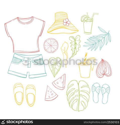 Summer time set. Clothes, food and plants. Vector sketch illustration.. Summer time set. Vector sketch illustration.