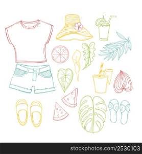 Summer time set. Clothes, food and plants. Vector sketch illustration.. Summer time set. Vector sketch illustration.