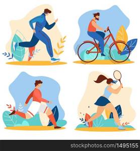 Summer Time Sport Activities Set. Sportsmen and Sportswomen Characters Workout. Athletics, Gymnastics Exercises, Riding Bicycle, Running, Jogging, Playing Tennis. Cartoon Flat Vector Illustration. Summer Time Sport Activities Set Sports Exercises