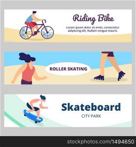 Summer Time Sports Activity. Young People, Teenagers Riding Bike, Skateboard, Roller Skating in Park, Youth Culture, Teen Vacation Spare Time Cartoon Flat Vector Illustration, Horizontal Banners Set. Young People Summer Time Sports Activity in Park