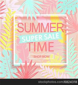 Summer time super sale banner.. Summer time super sale banner on tropical background.
