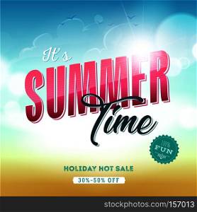 Summer Time Template Banner. Illustration of a summer sale template banner with colorful elements, sand and sky background