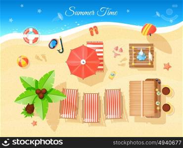 Summer Time Top View Illustration . Summer time top view with umbrella palm and sea flat vector illustration