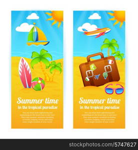 Summer time tropical paradise vacation vertical banners set isolated vector illustration