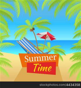 Summer time vacation concept banner. Flat style design vector. Leisure on tropical sunny beach with palm trees. Beach chair, umbrella and palm with ocean on background illustration.