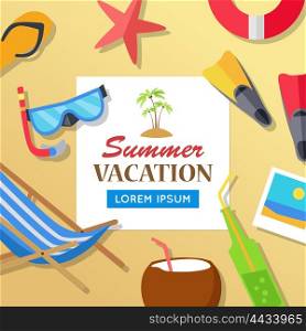 Summer time vacation concept illustration. Leisure on tropical sunny beach banner. Beach slippers, diding mask, chair, drinks, starfish, coconut, photo on sand flat style design vector.