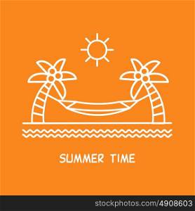 Summer time vacation. Hammock between palm trees. Vector logo, logo.