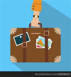 Summer time, vacation, tourism concept. Vector illustraton. Travel bag, luggage. Man&rsquo;s hand holds suitcase with stickers. Flat style design. . Travel bag, luggage. Man&rsquo;s hand holds suitcase with stickers. Flat style design. Summer time, vacation, tourism concept. Vector illustraton.