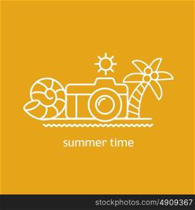 Summer time vacation. Vector emblem. Palm, camera, conch by the sea.