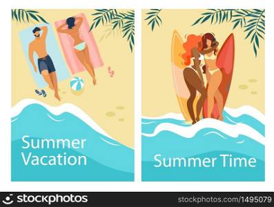 Summer Time Vacation Vertical Banners Set with People Relaxing on Beach, Girls in Bikini Making Selfie with Surfer Boards at Seaside Landscape with Palm Tree Leaves. Cartoon Flat Vector Illustration. Summer Time Vacation Vertical Banners Set, Leisure