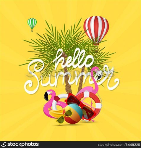 Summer time vector banner design and colorful beach elements