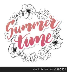 Summer time vector banner design with white circle for text and colorful beach elements in white background. Vector illustration. Summer time vector banner design with white circle for text and colorful beach elements in white background. Vector illustration.