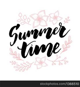 Summer time vector banner design with white circle for text and colorful beach elements in white background. Vector illustration. Summer time vector banner design with white circle for text and colorful beach elements in white background. Vector illustration.
