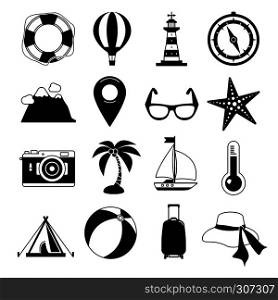 Summer time. Vector Black icon set. Sunrise, sea and vacation tour. Monochrome leisure illustrations. Set of relax and leisure icons, collection of recreation vacation black icons. Summer time. Vector Black icon set. Sunrise, sea and vacation tour. Monochrome leisure illustrations