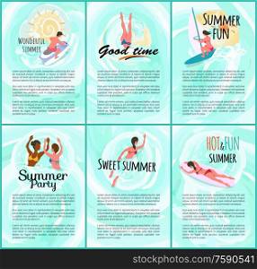 Summer time vector, people relaxing in water woman laying on surfboard, surfing and windsurfing, man sitting on water bike motor transport swimming friends. Summer Time Fun Relax People By Seaside Vacation