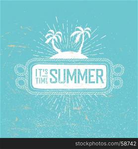 Summer time vector retro postcard. Rope frame, palms and rays on blue background. Summer beach party poster
