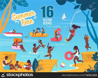 Summer Time Vector Scenes Set with Resting Families. Tanned Parents and Children on Exotic Resort. Fathers, Mothers, Sons and Daughters Swimming in Sea and Snacking on Beach. Cartoon Flat Illustration. Summertime Vector Scenes Set with Resting Families