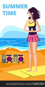 Summer Time Vertical Banner, Woman Relaxing on Beach with Record Player Doing Yoga Exercise with Music, Time for Outdoors Sport on Summer Vacation, Holidays, Weekend. Cartoon Flat Vector Illustration. Summer Time Vertical Banner, Woman Relax on Beach