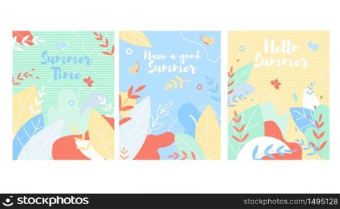 Summer Time Vertical Banners Set, Abstract Floral Background in Doodle Watercolor Style. Botanical Ornament, Leaves and Grass Pattern, Colorful Branches Backdrop, Cartoon Flat Vector Illustration. Summer Time Banners Set Abstract Floral Background
