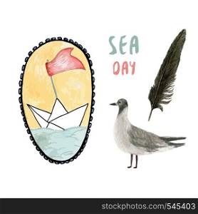 Summer time. Watercolor ship illustration with seagull and feather. Sea holiday set. Vector illustration. Summer time. Watercolor ship illustration with seagull and feather. Sea holiday set. Vector.