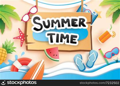 Summer time with paper cut symbol icon for vacation beach background. Art and craft style. Use for banner, poster, card, cover, stickers, badges, illustration design.
