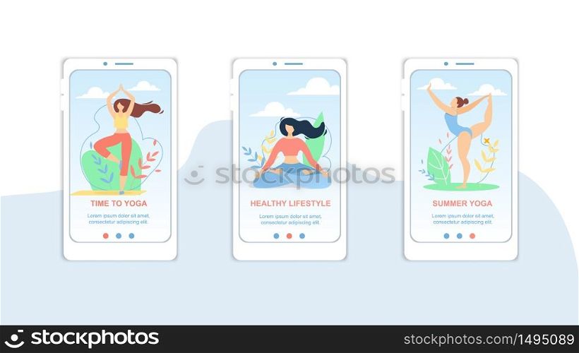 Summer Time Yoga, Healthy Lifestyle Mobile App Page Onboard Screen Set for Website, Women Outdoors Sports Exercise, Fitness, Workout in Different Poses, Stretching. Cartoon Flat Vector Illustration. Summer Time Yoga Healthy Lifestyle Mobile App Page