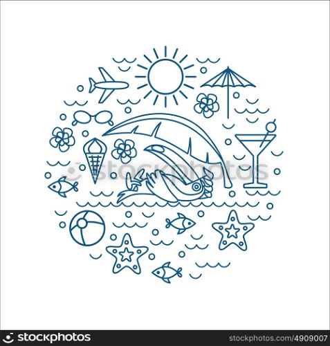 Summer, Toucan, beach infographic. A set of monochrome symbols and elements to print on t-shirts.