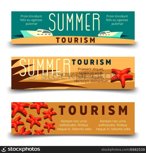 Summer tourism banner template with yacht and starfish. Tourism and travel, yacht and starfish on horizontal banner. Vector illustration. Summer tourism banner template with yacht and starfish