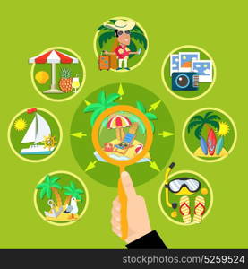 Summer Tourism Circle Concept. Vacation travel flat composition with human hand holding magnifier lens and tropical activities with touristic symbols vector illustration