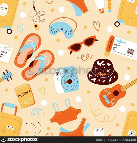 Summer travel accessories seamless pattern. Tourism and journey, beach holidays elements, luggage, documents and tickets. Summertime background. Decor textile, wrapping paper or wallpaper vector print. Summer travel accessories seamless pattern. Tourism and journey, beach holidays elements, luggage, documents and tickets. Summertime background. Decor textile, wrapping paper, vector print