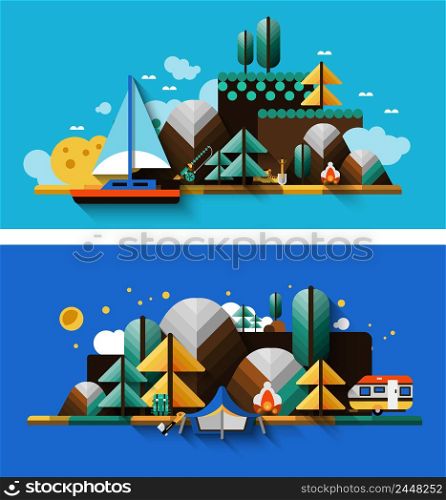 Summer travel and camping landscapes horizontal banner set isolated vector illustration. Camping Landscapes Set