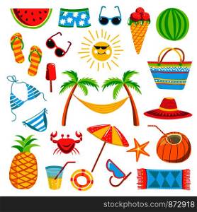 Summer travel and holiday vacation flat icons. Vector isolated set of palm hammock on beach, sunglasses and hat or cocktails, tropical fruit and starfish or snorkeling mask and swimsuit. Summer travel or holiday vacation vector bright icons