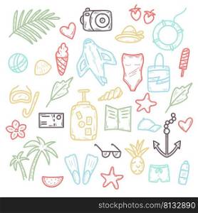 Summer travel and holidays colored doodle set vector illustration. Leisure and tourism concept collection line icons. Summer tropical vacation items. Summer travel and holidays colored doodle set vector illustration