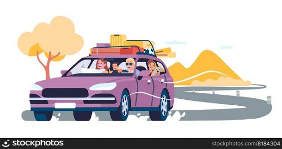 Summer travel by car. Family auto vacation. Road trip. Holiday transport driving. Baggage on vehicle roof. Automobile tourism. Highway traffic. Adventure journey. Parents with children. Vector concept. Summer travel by car. Family auto vacation. Road trip. Holiday transport driving. Baggage on vehicle roof. Automobile tourism. Adventure journey. Parents with children. Vector concept