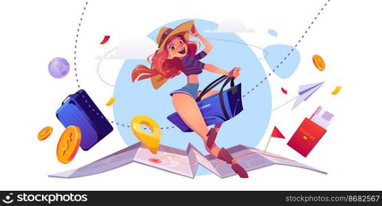 Summer travel concept, girl tourist riding luggage bag on world map with navigation pin, foreign passport and money around. Young woman traveling, holidays journey, trip cartoon vector illustration. Summer travel concept, girl tourist riding luggage