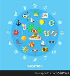 Summer Travel Icons Composition. Vacation travel flat round composition of isolated emoji style summer holiday activity symbols and silhouette pictograms vector illustration