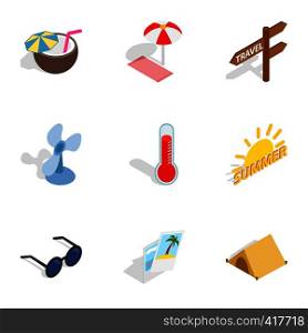 Summer travel icons set. Isometric 3d illustration of 9 summer travel vector icons for web. Summer travel icons, isometric 3d style