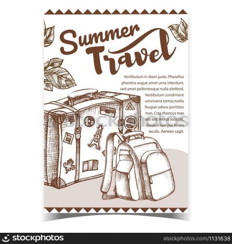 Summer Travel Luggage On Advertising Banner Vector. Suitcase With Travel Stickers, Backpack And Leaves. Standing Retro Ancient Tourist Case For Clothes. Baggage Vintage Style Monochrome Illustration. Summer Travel Luggage On Advertising Banner Vector