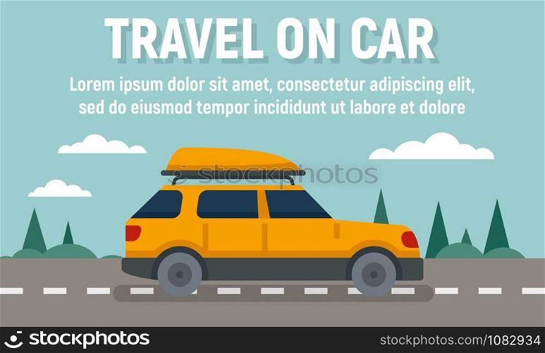 Summer travel on car concept banner. Flat illustration of summer travel on car vector concept banner for web design. Summer travel on car concept banner, flat style
