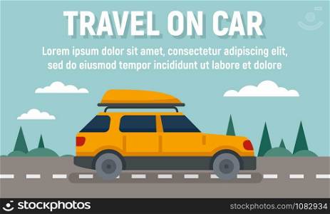 Summer travel on car concept banner. Flat illustration of summer travel on car vector concept banner for web design. Summer travel on car concept banner, flat style