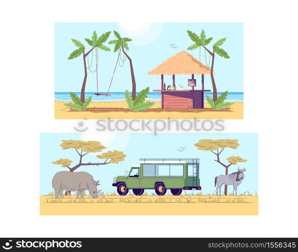 Summer travel semi flat vector illustration set. Safari tour in savannah. Cocktail bar on tropical beach. Truck to travel in Africa. Wildlife 2D cartoon scenery for commercial use collection. Summer travel semi flat vector illustration set
