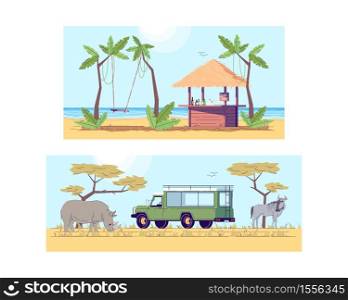 Summer travel semi flat vector illustration set. Safari tour in savannah. Cocktail bar on tropical beach. Truck to travel in Africa. Wildlife 2D cartoon scenery for commercial use collection. Summer travel semi flat vector illustration set