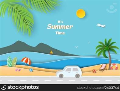 Summer travel with car on the road beside tropical beach and view of blue sea on paper cut style,vector illustration