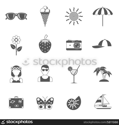 Summer traveling and rest with suitcases and camera black white icons set flat isolated vector illustration . Summer and traveling icons set