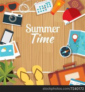 Summer traveling template with wooden background