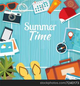 Summer traveling template with wooden background