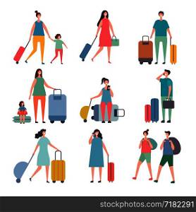 Summer travellers. Stylized characters of happy peoples goes to summer holidays. Summer people character, happy tourist with bag. Vector illustration. Summer travellers. Stylized characters of happy peoples goes to summer holidays